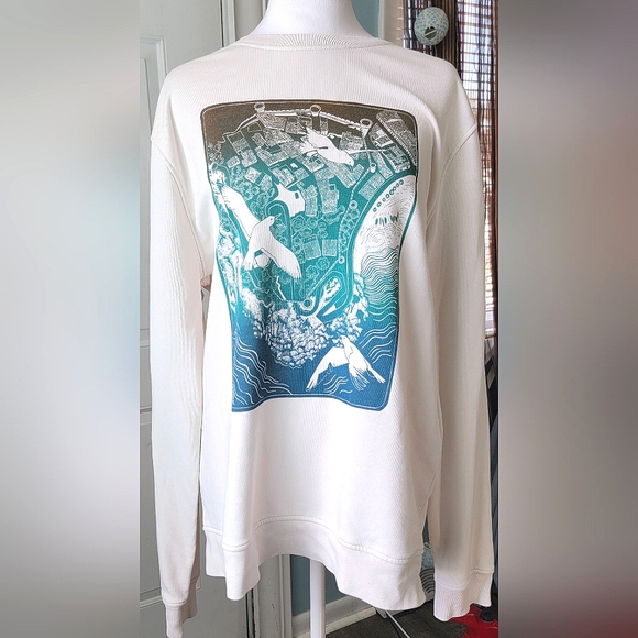 Crew Neck Sweatshirt Women's L Cream w/ Blue Graphic Art Organic Cotton Recycled - Picture 1 of 11